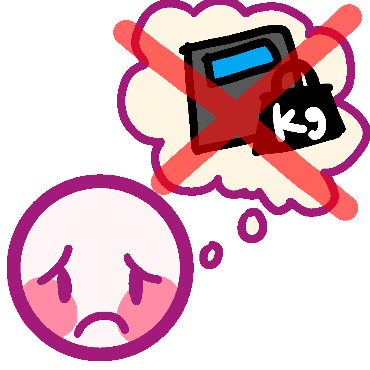 a distressed light pink person with a thought bubble coming out of them. Inside is a digital scale as well as a metal weight in kilograms. The thought bubble is crossed off in red.